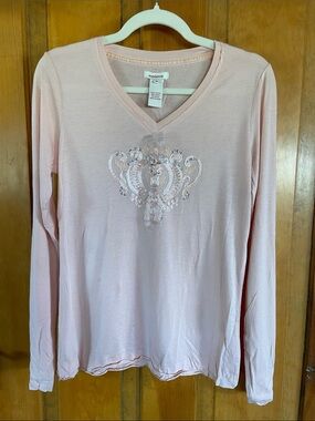 Sundance Peach Long Sleeve V-Neck Tee with Embellished Front